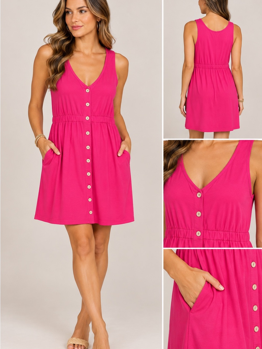 Sleeveless Button-Front Pink Summer Dress